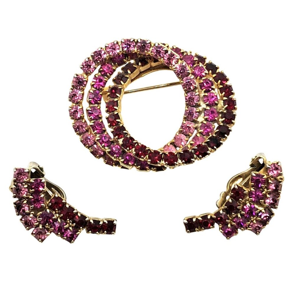 Vintage Rhinestone Jewelry Set Pink Red Gold Tone Brooch & Clip-On Earrings Infi